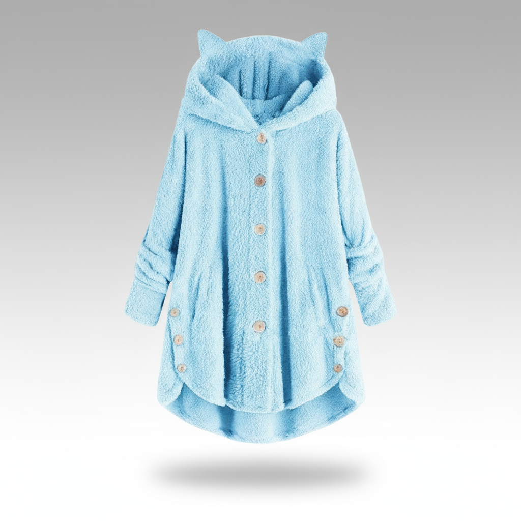 Hooded fleece coat with buttons and cat ear details on a hanger.