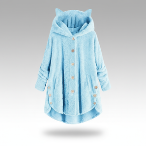 Hooded fleece coat with buttons and cat ear details on a hanger.