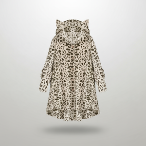 Hooded fleece coat with buttons and cat ear details on a hanger.