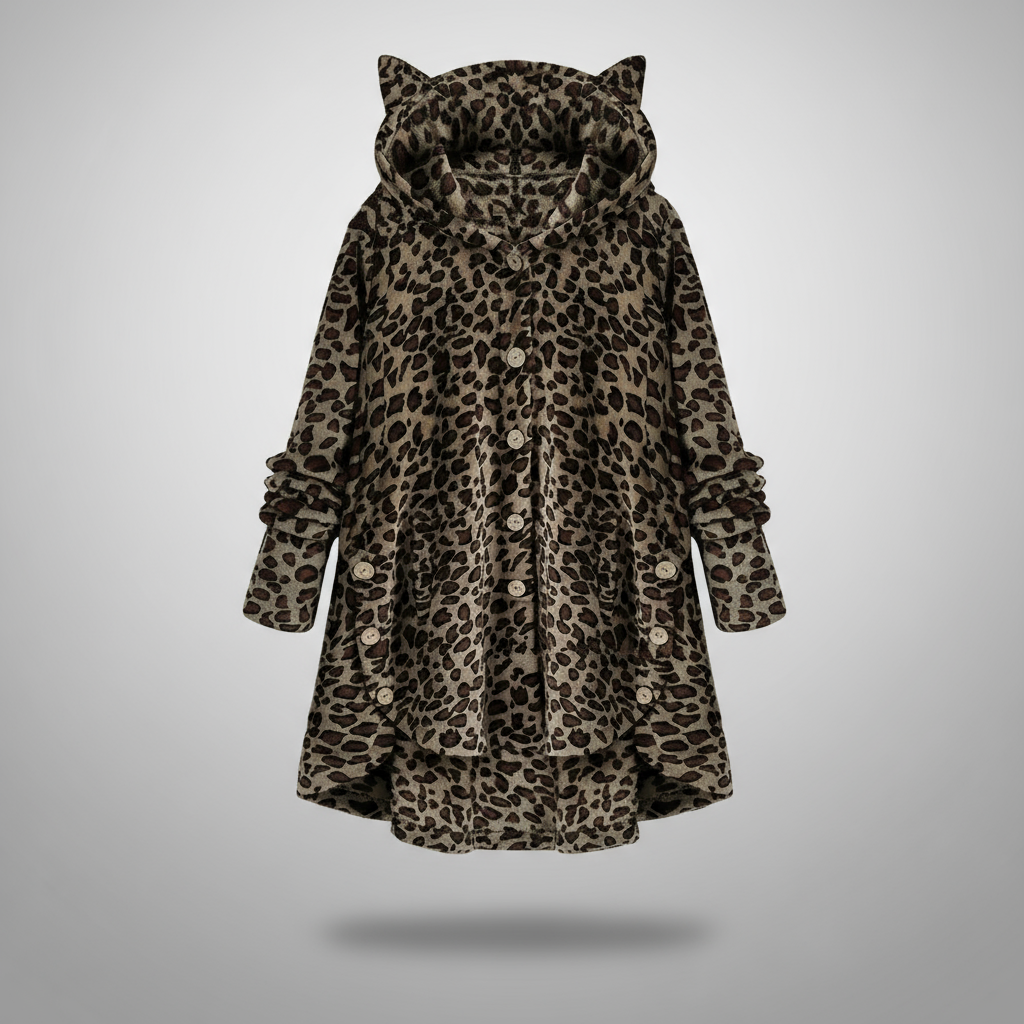 Hooded fleece coat with buttons and cat ear details on a hanger.