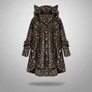 Hooded fleece coat with buttons and cat ear details on a hanger.