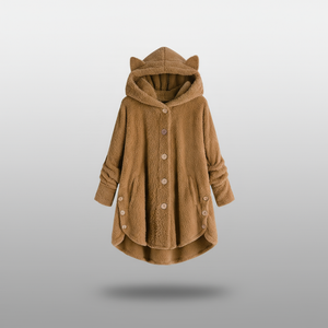 Hooded fleece coat with buttons and cat ear details on a hanger.