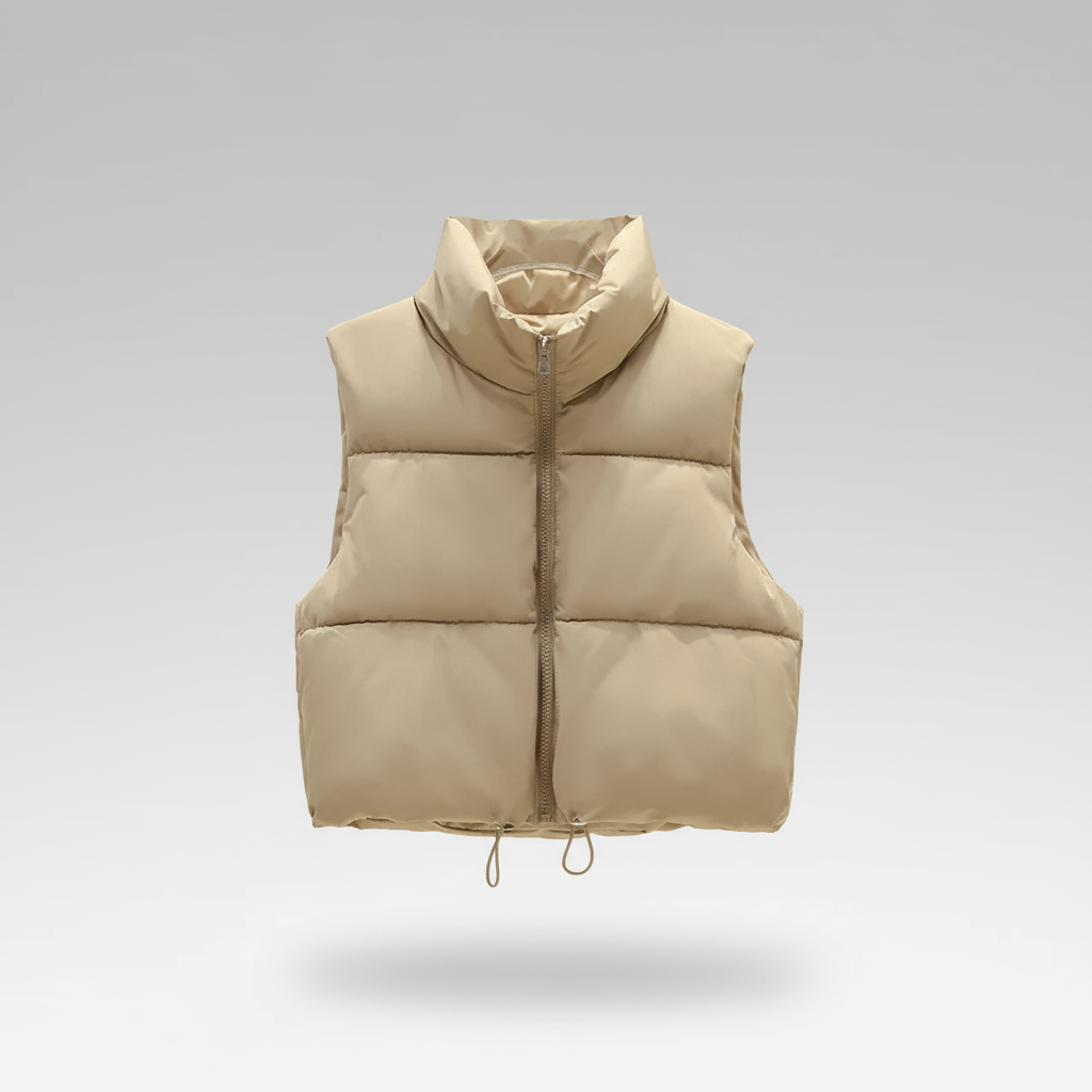 Beige puffer vest on a light gray background