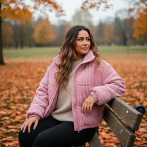 Woman in a pink jacket sitting on a bench in an autumn park.