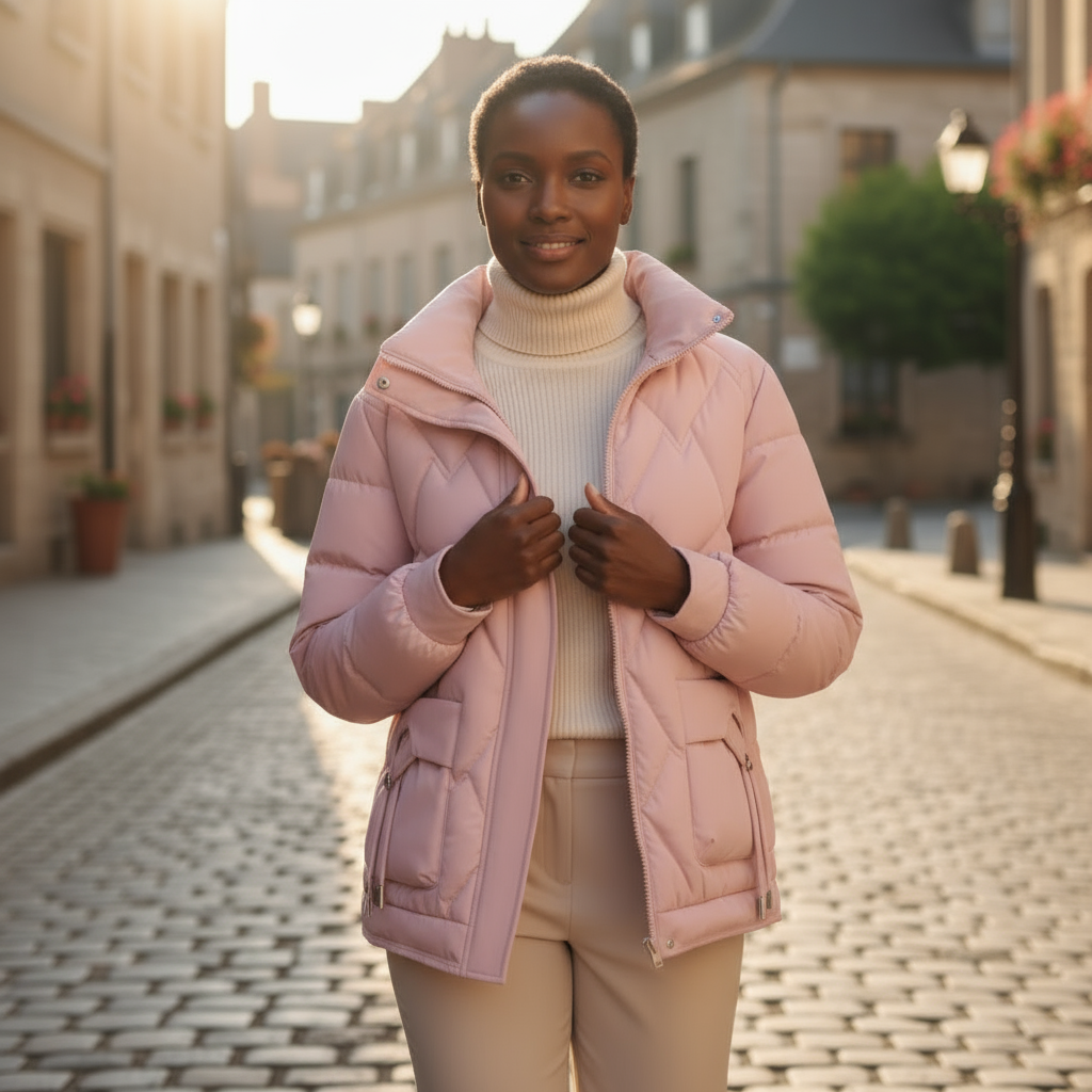 Woman wearing a pink puffer coat on a street