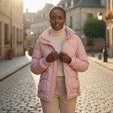 Woman wearing a pink puffer coat on a street