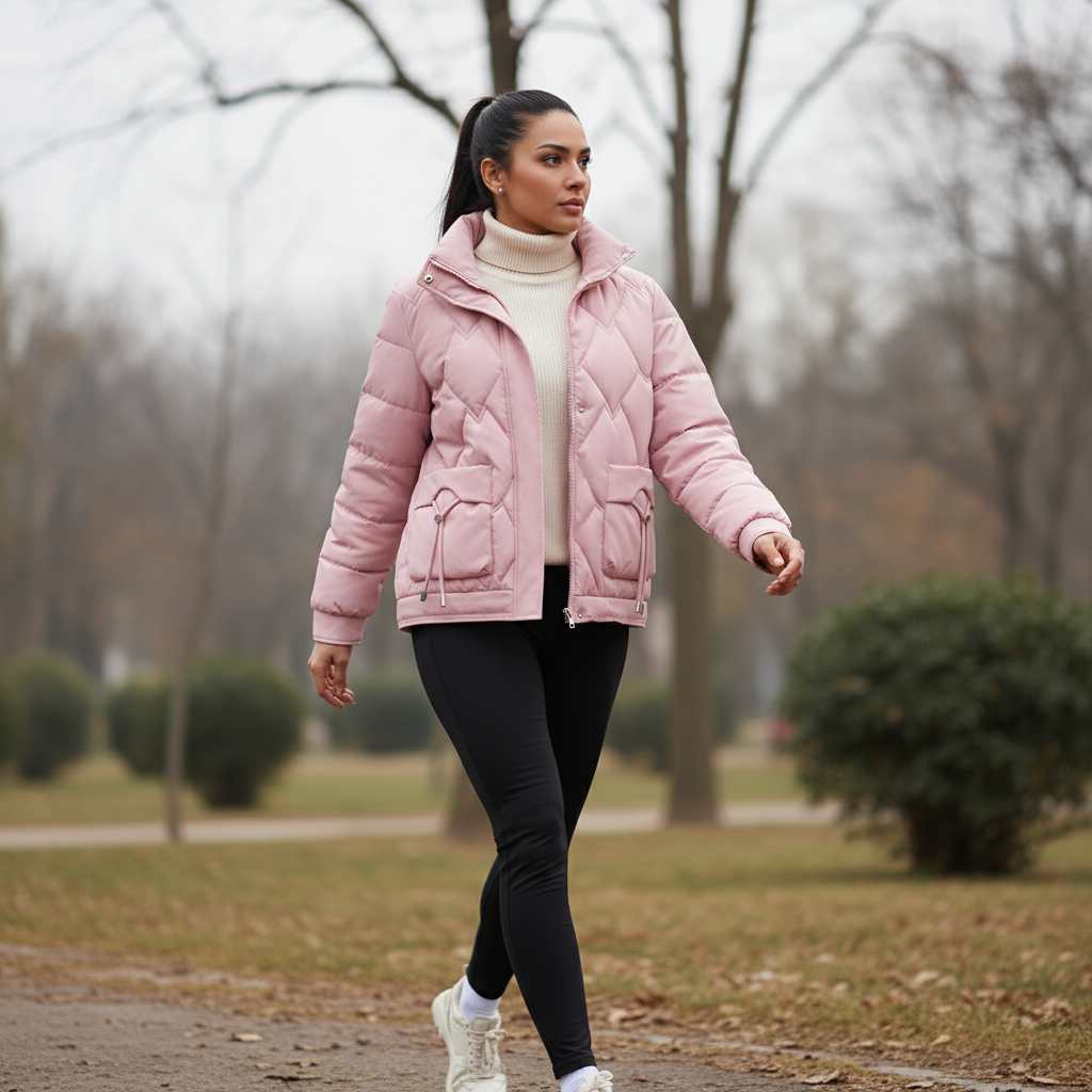 Woman wearing a pink quilted jacket in a park setting