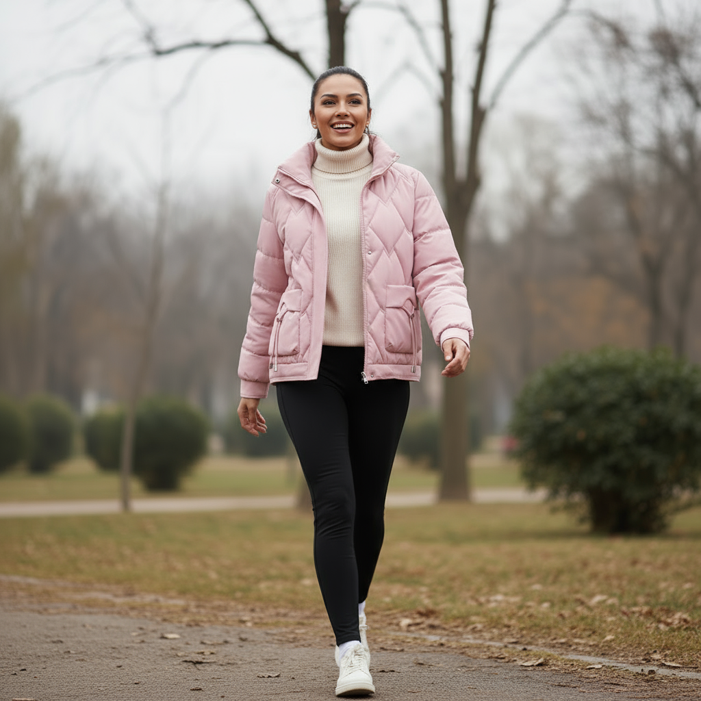 Woman in a pink jacket walking in a park