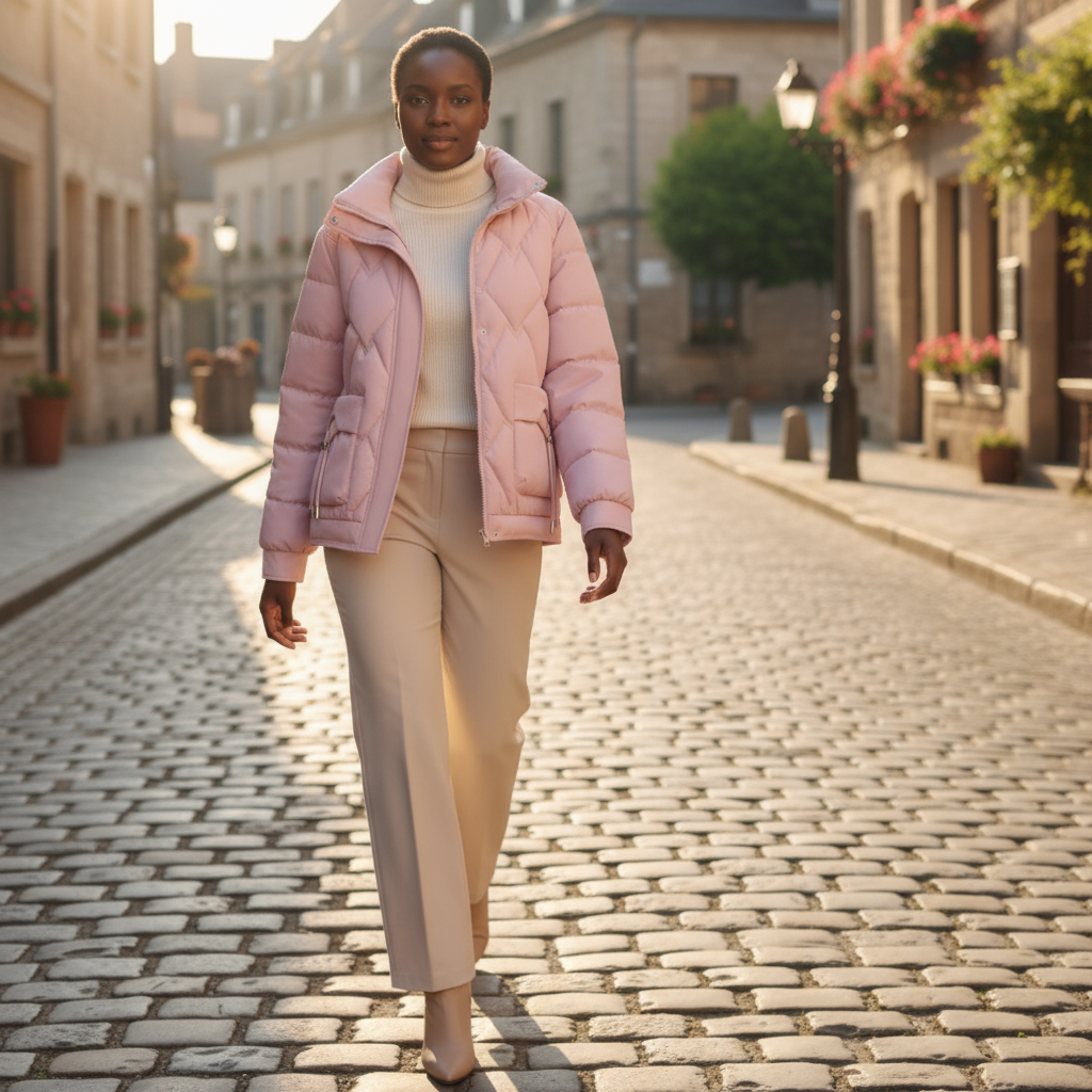 Woman in a pink puffer jacket walking on a cobblestone street.