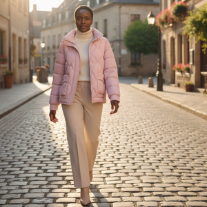 Woman in a pink puffer jacket walking on a cobblestone street.