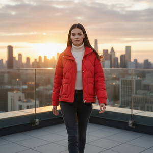Woman in a red puffer jacket standing on a rooftop with a city skyline in the background