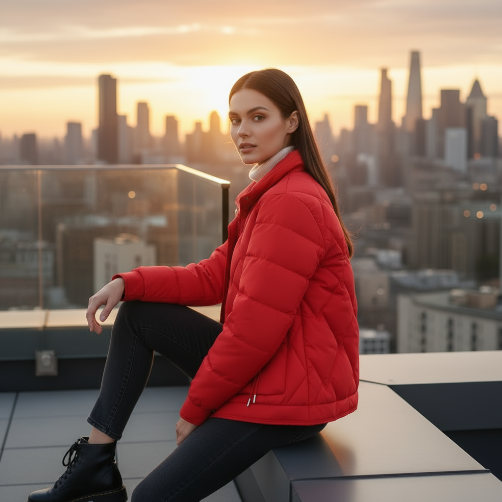 Woman in a red jacket sitting on a rooftop with a cityscape in the background