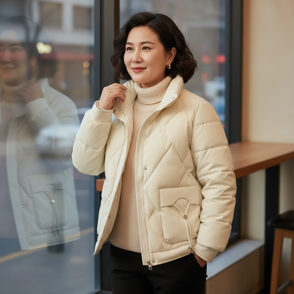 Woman wearing a beige quilted jacket standing indoors with a blurred background
