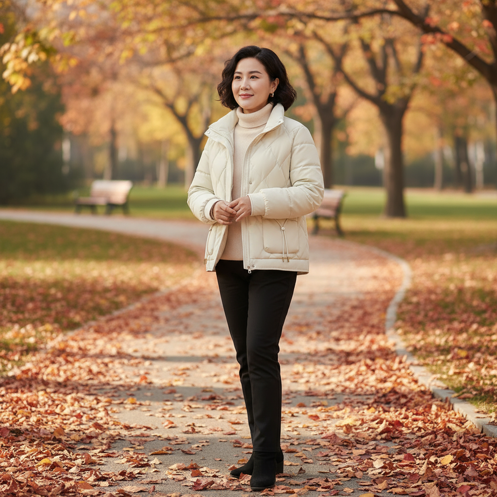 Woman walking in a park with autumn leaves and trees in the background