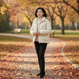 Woman walking in a park with autumn leaves and trees in the background