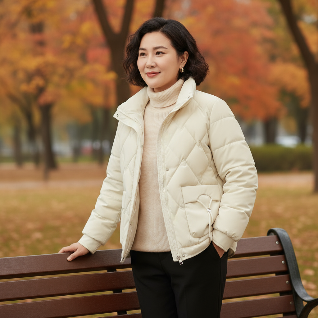 Woman in a beige puffer jacket standing on a bench with autumn trees in the background