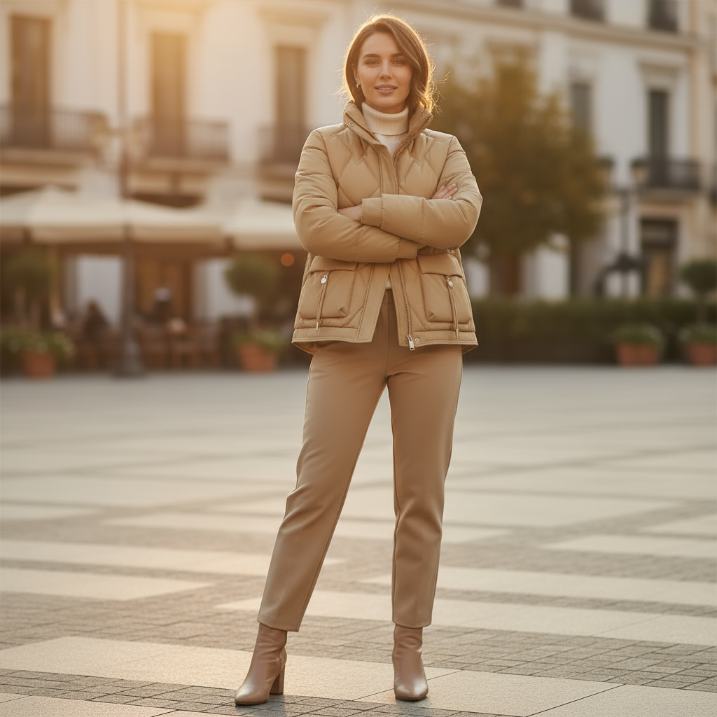 Woman in a beige outfit standing in an urban square