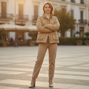 Woman in a beige outfit standing in an urban square
