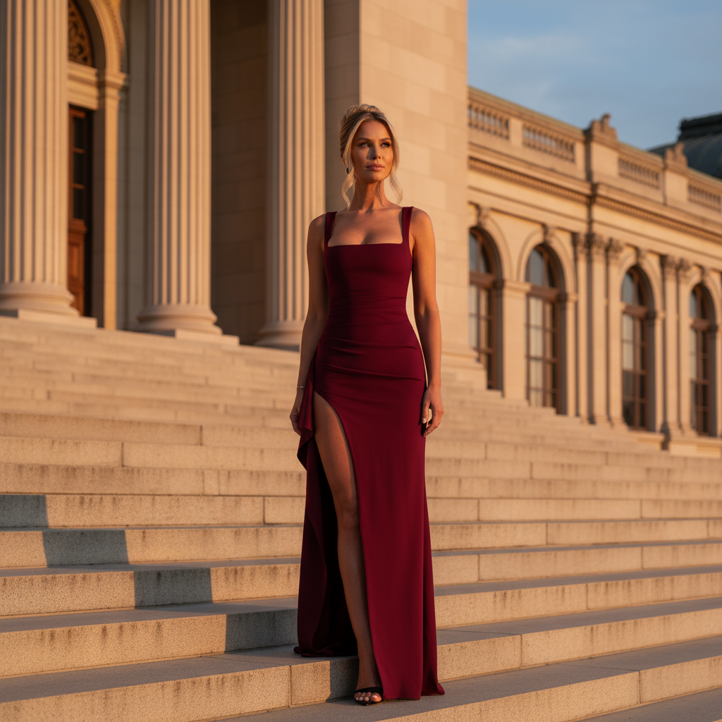 Woman in a burgundy evening gown standing on steps of an elegant building.