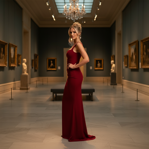 Woman in a red dress standing in an art gallery with paintings and sculptures on the walls.