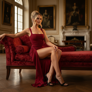 Woman in a red dress sitting on a red couch in an elegant room with portraits on the wall.
