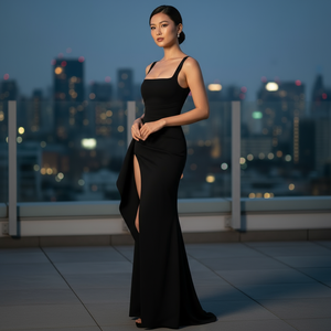Woman in a black dress standing on a rooftop with city skyline in the background