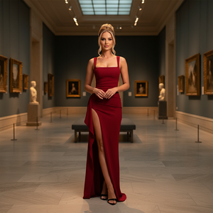 Woman in a red dress standing in an art gallery
