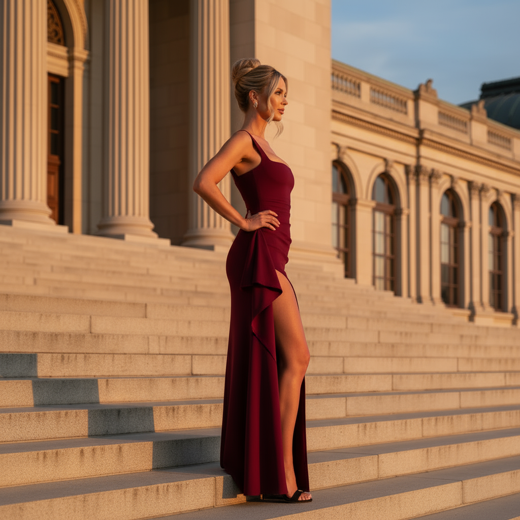 Woman in a burgundy dress standing on steps in front of a classical building