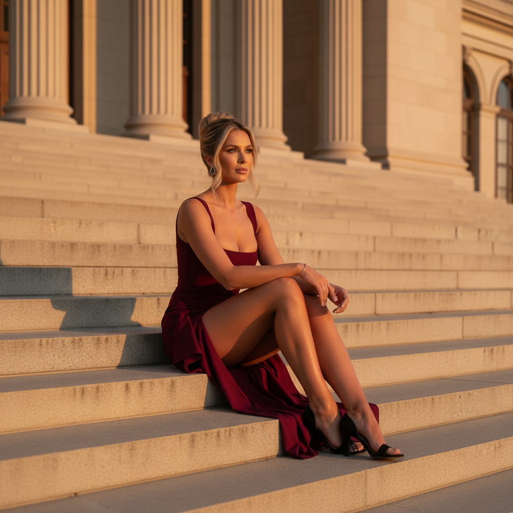 Woman in a red dress sitting on steps of a classical building