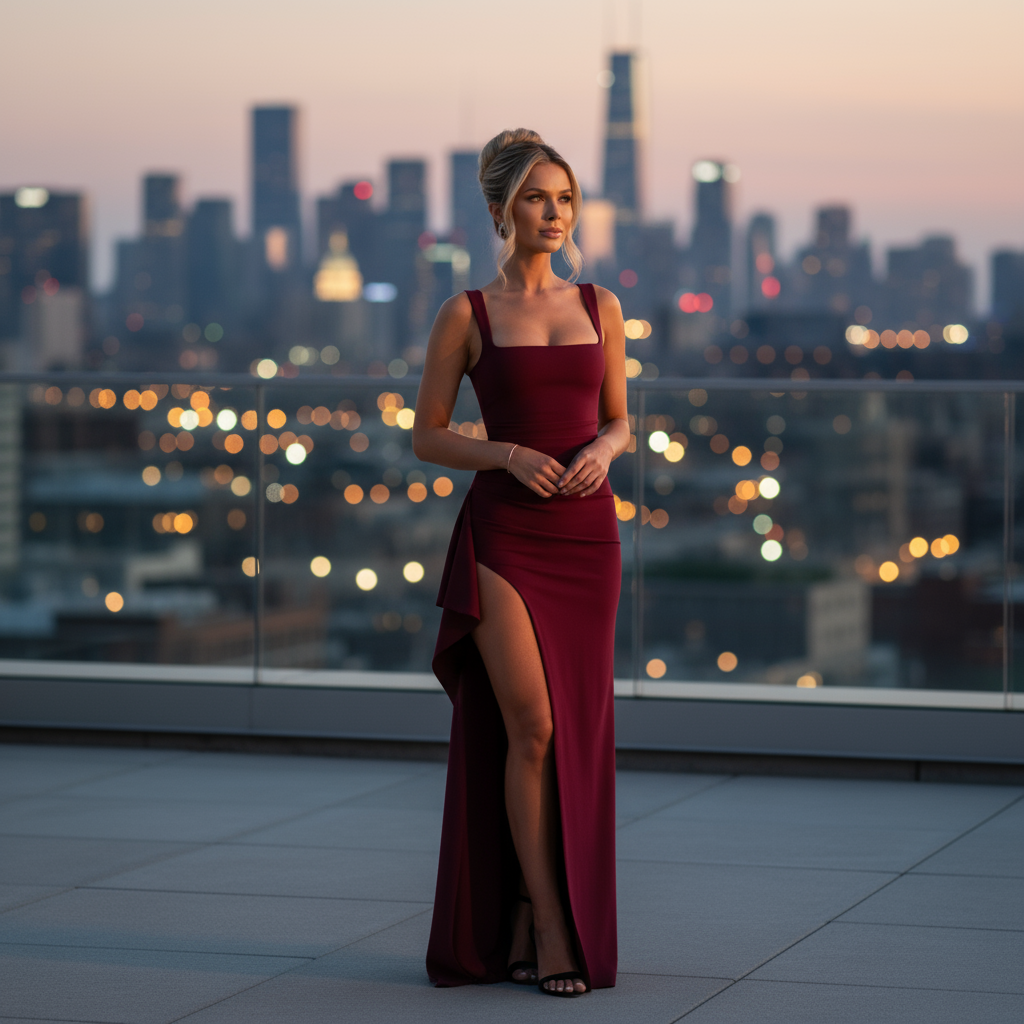 Woman in a red dress standing on a rooftop with city skyline in the background
