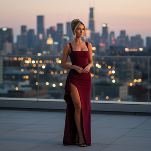 Woman in a red dress standing on a rooftop with city skyline in the background