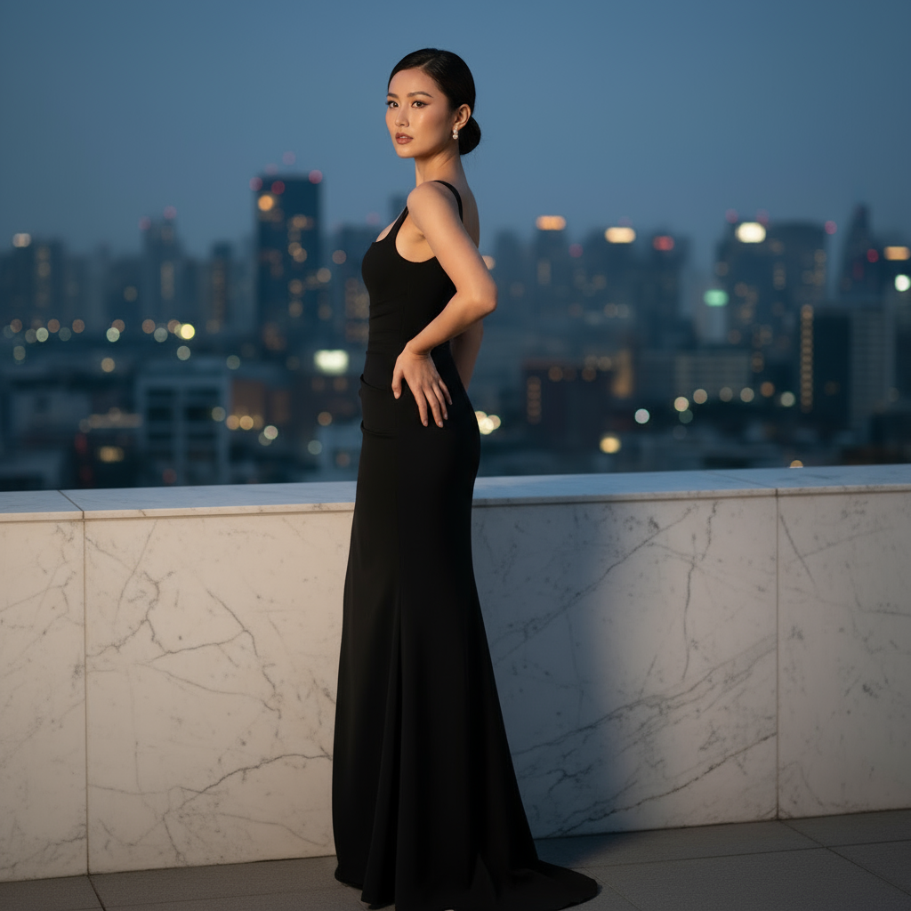 Woman in a black dress standing on a rooftop with city skyline in the background