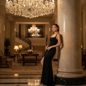 Woman in a black dress standing in a luxurious interior setting with chandeliers.