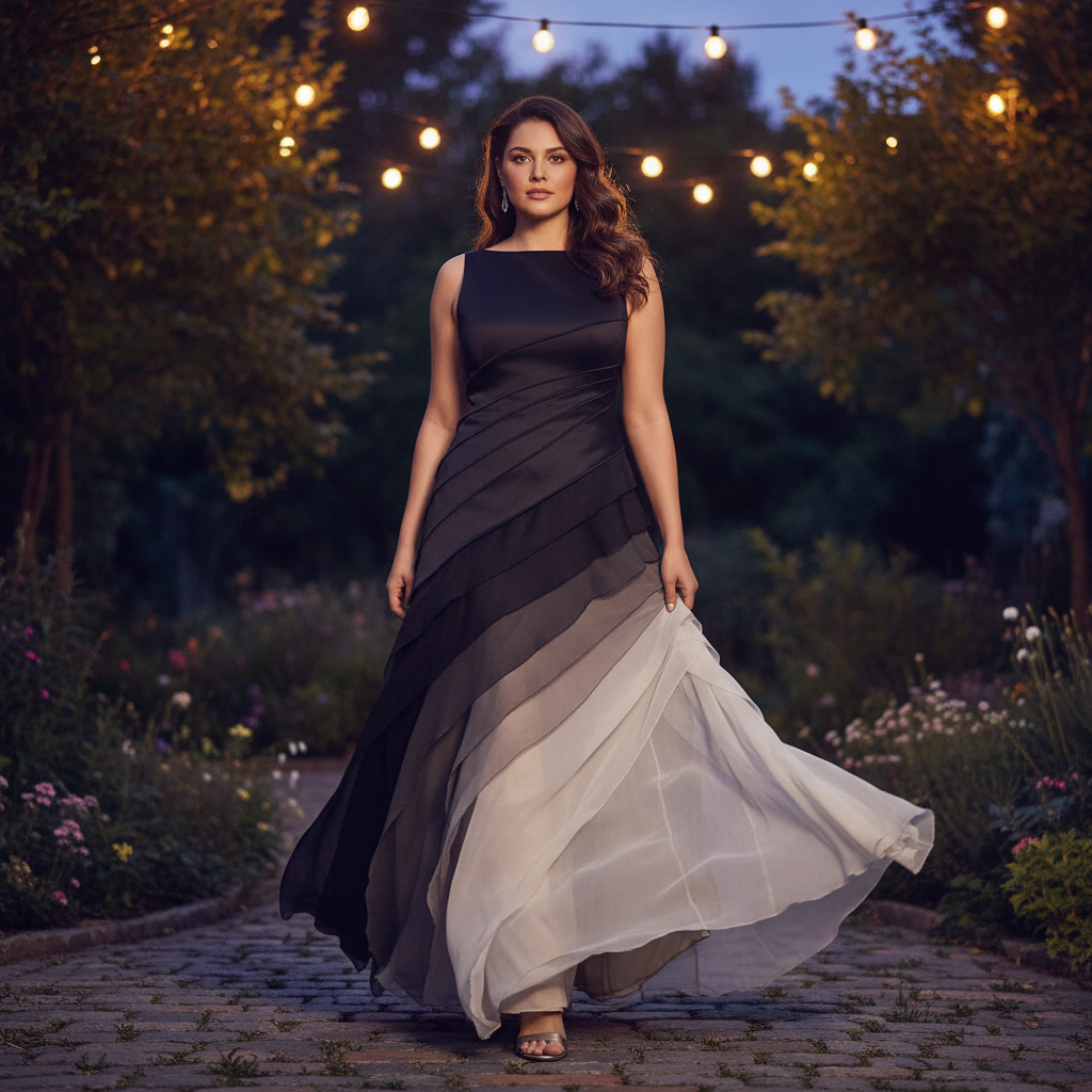 Woman in a long, dark, and light-colored dress standing in a garden with string lights.