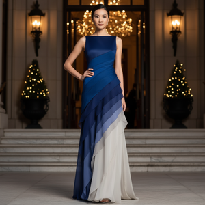 Woman in a blue and white dress standing in front of a decorated entrance.