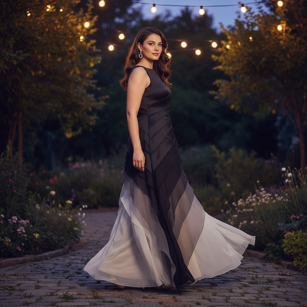 Woman in a long, dark dress standing in a garden with string lights at night.