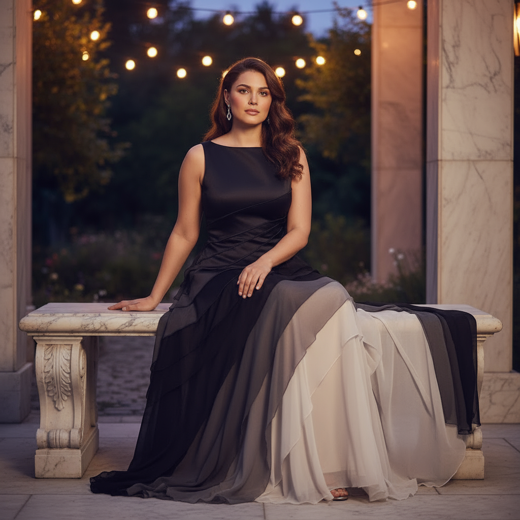 Woman in a black and gray dress sitting on a stone bench with string lights in the background