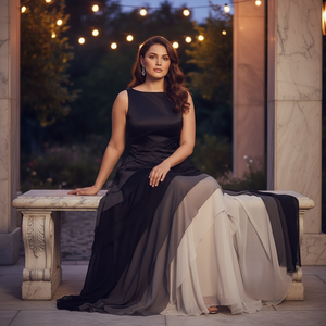 Woman in a black and gray dress sitting on a stone bench with string lights in the background