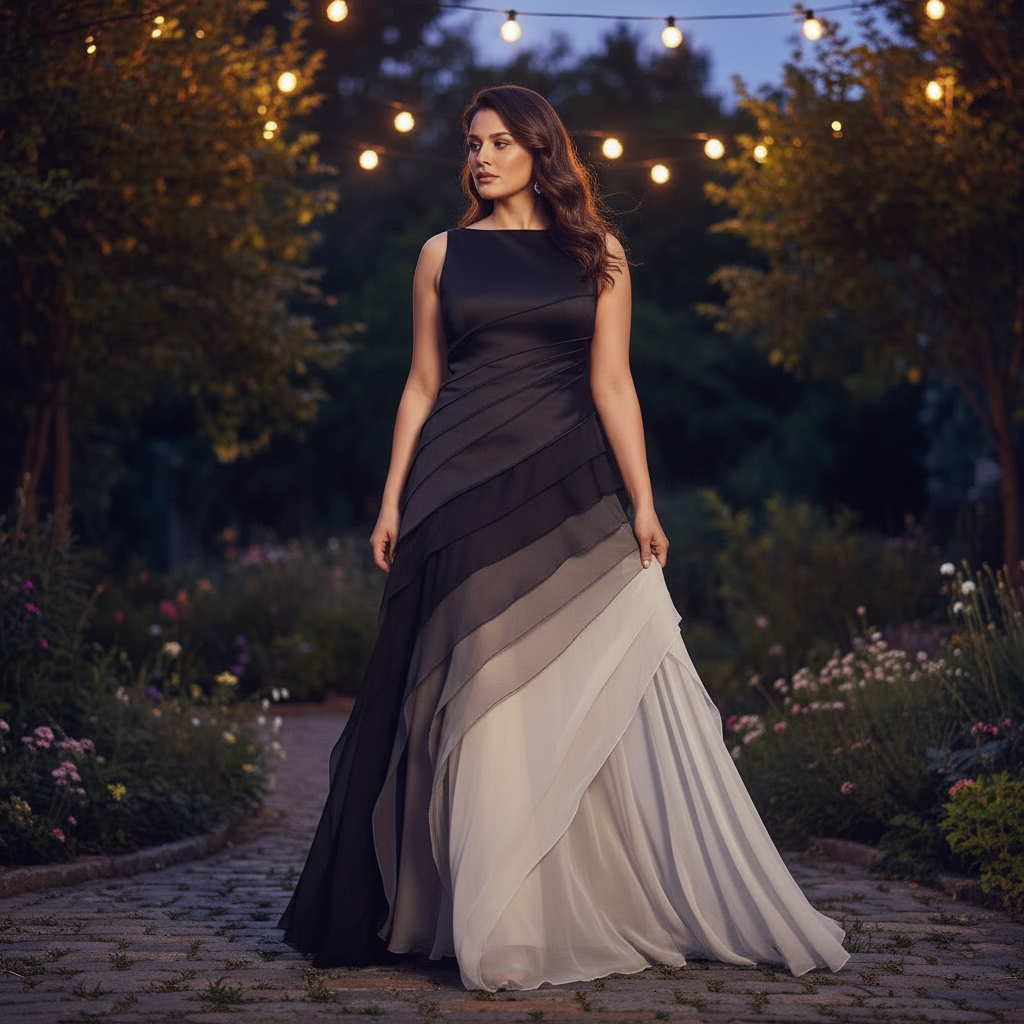 Woman in a long, layered dress standing in a garden at night with string lights.