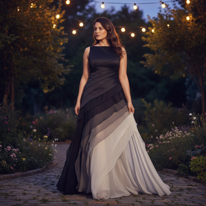 Woman in a long, layered dress standing in a garden at night with string lights.