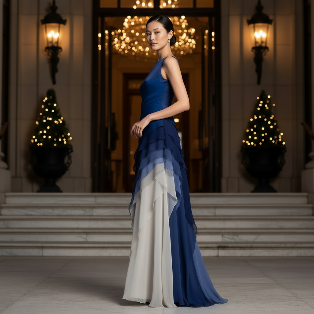 Woman in a blue and white dress standing in front of a grand entrance with decorative lights.