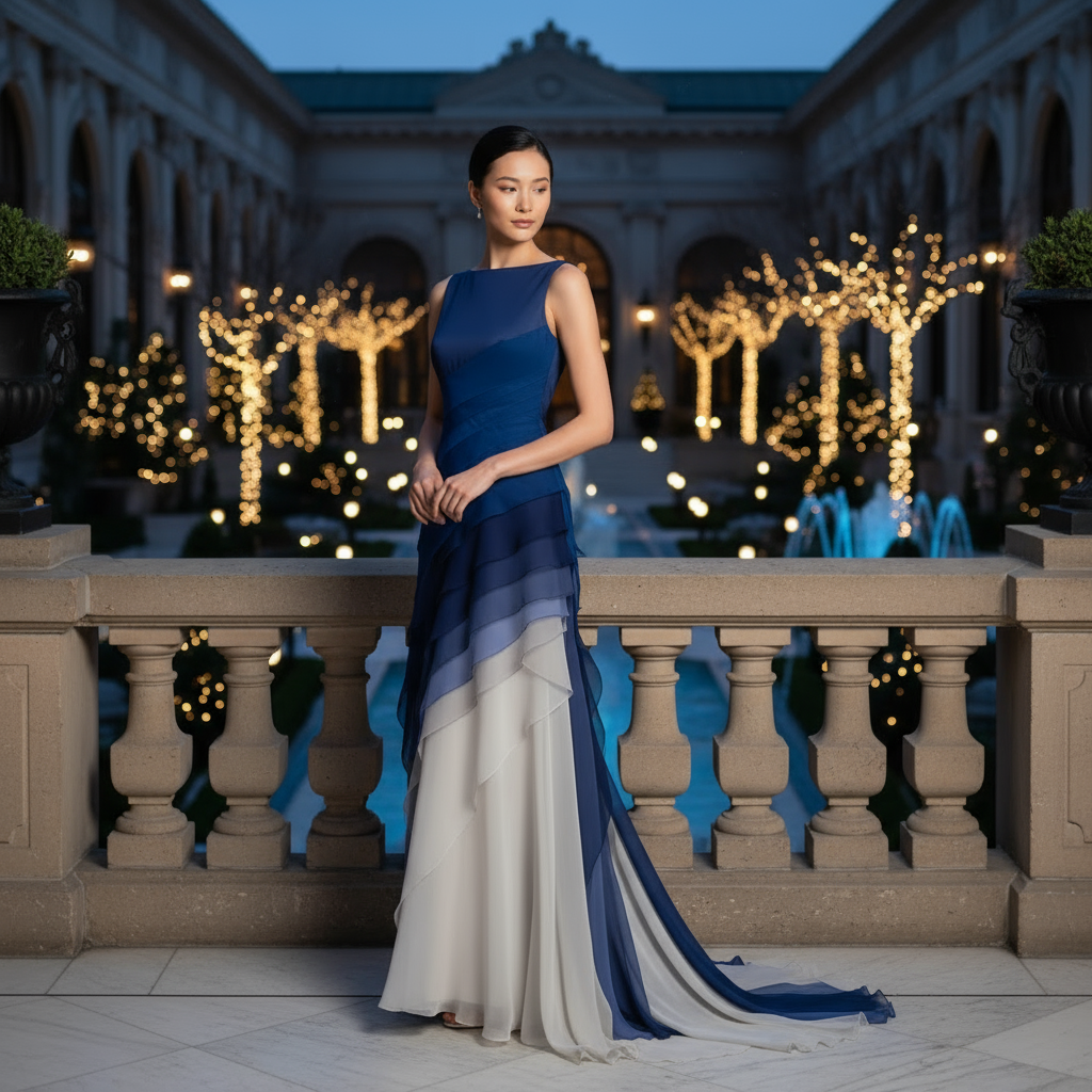 Woman in a blue and white dress standing in front of a decorative building with lights.