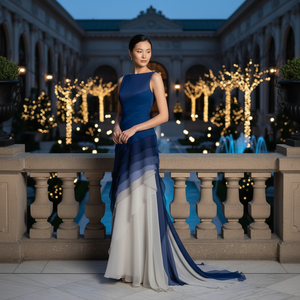 Woman in a blue and white dress standing in front of a decorative building with lights.
