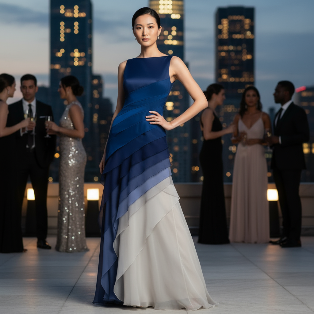 Woman in a blue and white dress standing on a rooftop with city skyline in the background