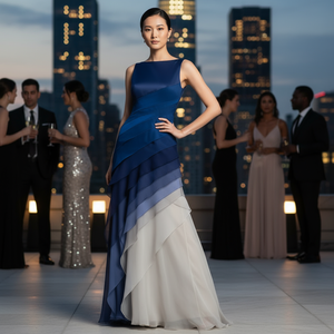 Woman in a blue and white dress standing on a rooftop with city skyline in the background