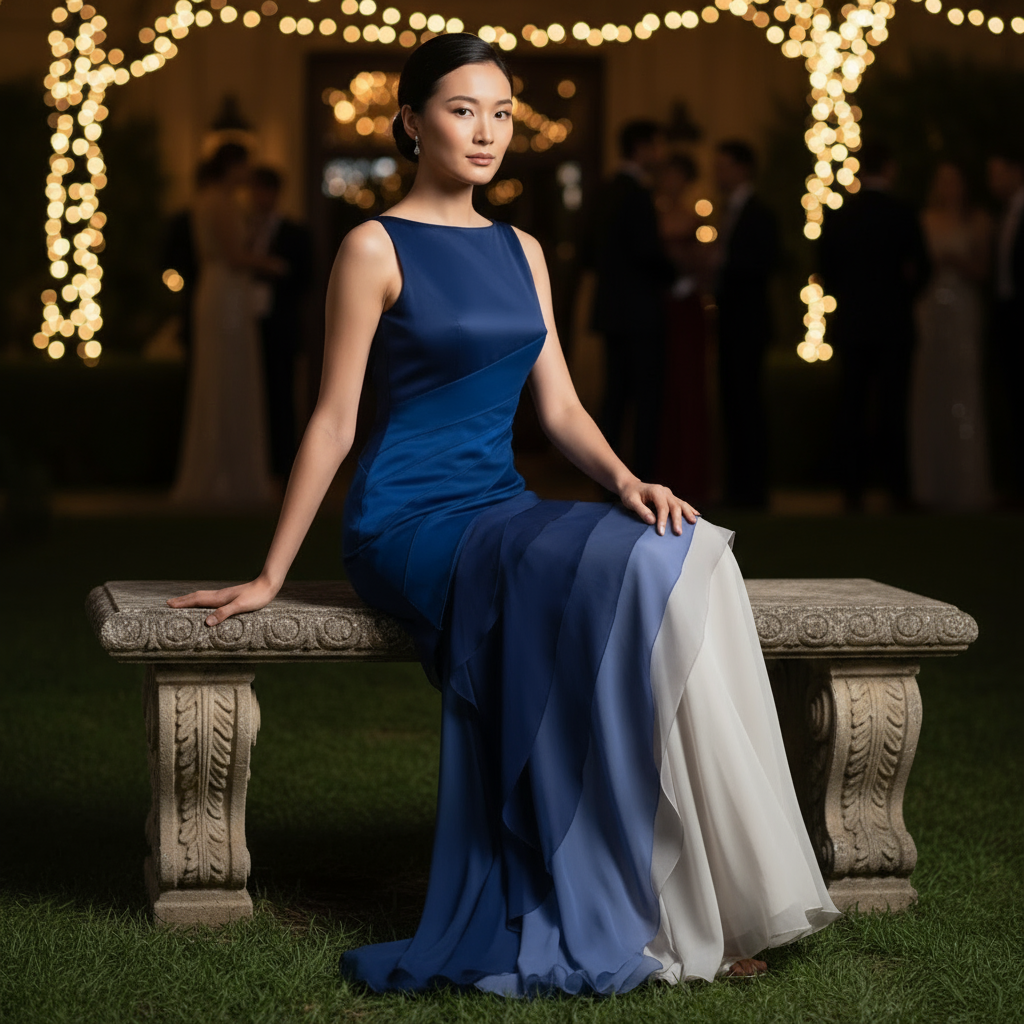 Woman in a blue and white dress sitting on a stone bench with lights in the background