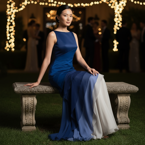 Woman in a blue and white dress sitting on a stone bench with lights in the background