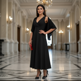 Woman in a black dress standing in an elegant hallway