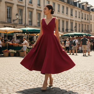 Woman in a red dress standing on a cobblestone street with buildings and people in the background