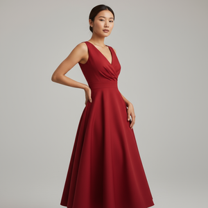 Woman wearing a red dress against a gray background